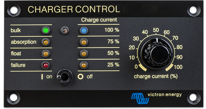 The Victron Charger Control panel provides remote control and monitoring of the charge process with LED indication of the charger status.