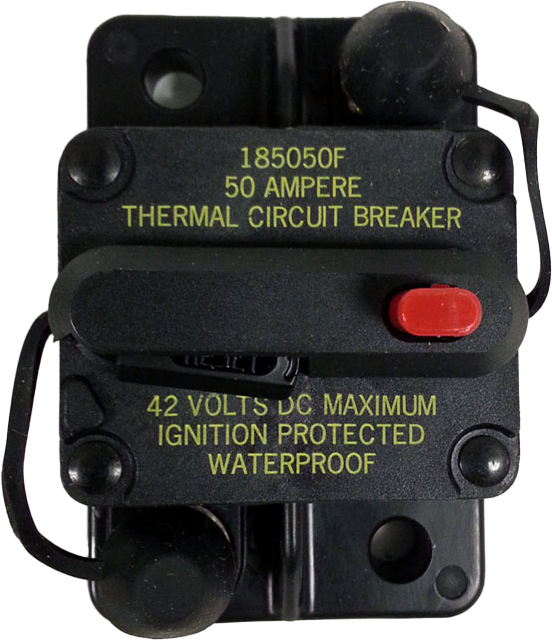 Surface Mount Circuit Breakers for marine environments, 20 to 150 Amps. Durable housing, built-in trip-reset lever, rated up to 42V DC, surface-mount design.